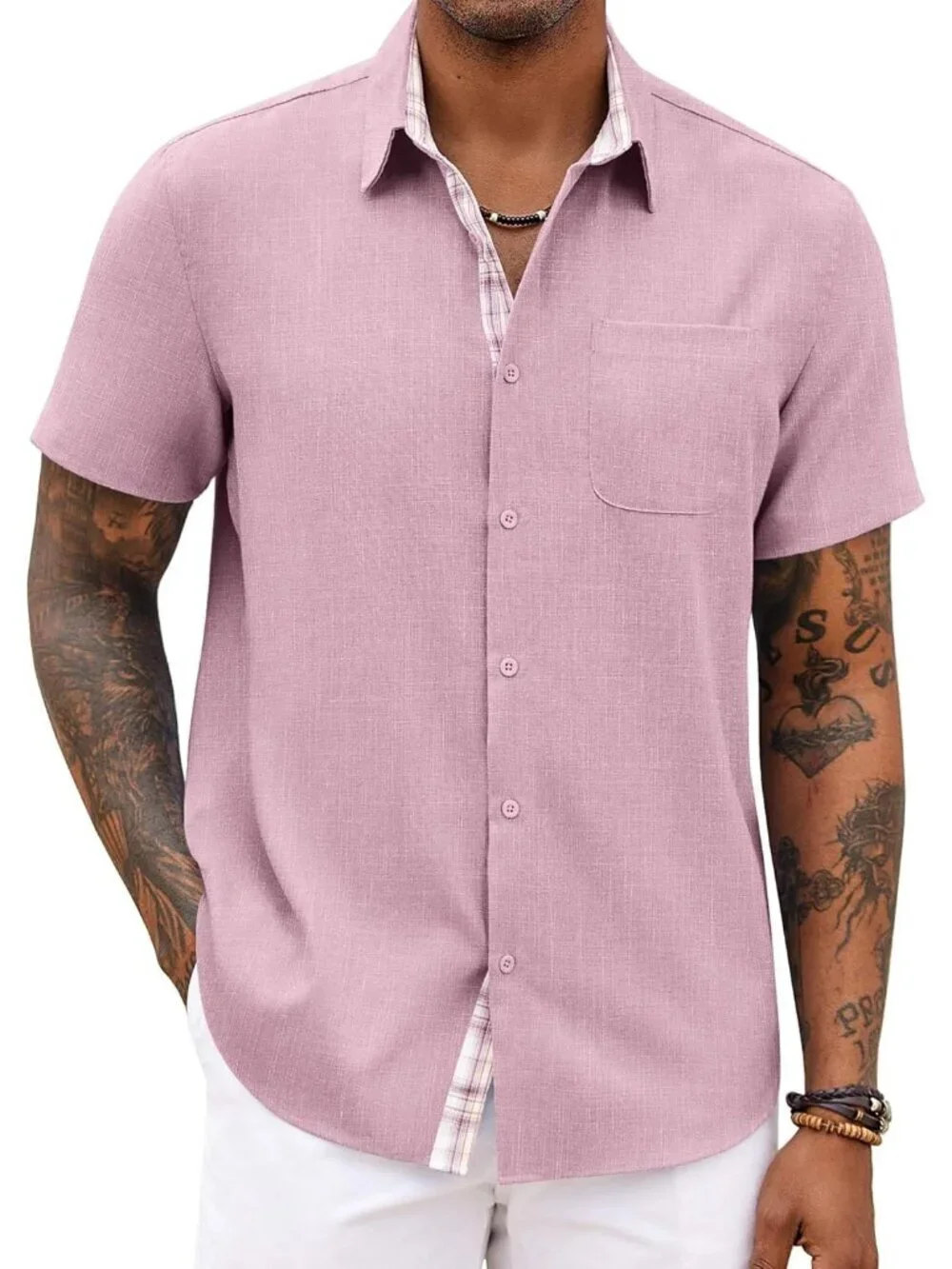 Men's Deep Pink Short Sleeve Casual Summer Breathable Button Down Shirts